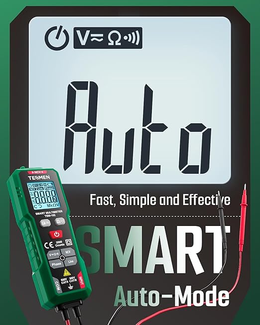 TESMEN TSM-192 Handheld Digital Multimeter, Voltage Tester with Leads, Voltmeter Measures Phase, NCV, AC/DC Voltage, Resistance, Continuity & Live Wire for Automotive Testing, Household-Green