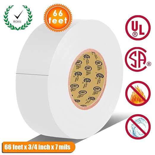 White Electrical Tape, 66 feet x 3/4 inch x 7 mils-600V,Pass UL/CSA Certification. Waterproof,Flame Retardant,Strong Adhesive, 14℉ to 176℉(White)