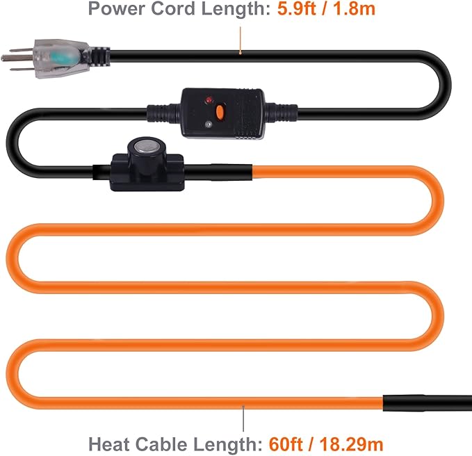 60FT Heat Tape for Water Pipes Freeze Protection IP65 Waterproof 7W/FT 110V BDDFOTO Heat Cable With GFCI Protection and Thermostat,Self-Regulating Pipe Heater for Roof/RV/Water Storage Tank