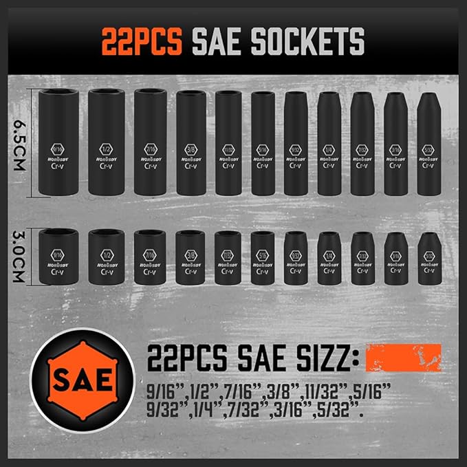 HORUSDY 1/4" Drive Impact Socket Set, 56-Piece Standard SAE (5/32 to 9/16 inch) and Metric (4-15mm) Size, 6 Point, Cr-V, 1/4-Inch Drive Ratchet Handle, Drive Extension Bar, Impact Universal Joint