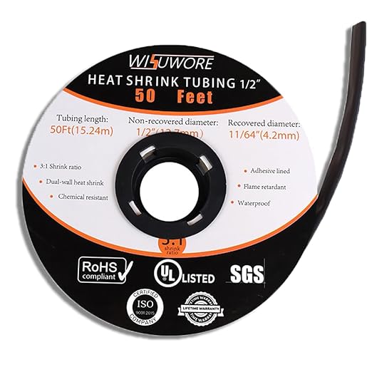 1/2'' Heat Shrink Tubing, 50 Ft 3:1 Waterproof Shrink Wrap Tubing, Marine Grade Adhesive Lined Heat Shrink Tube for Wire Insulation,UL Listed and RoHS Compliant Black