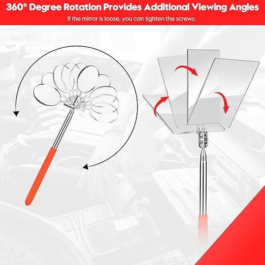 2Pcs Telescoping Inspection Mirror, Flexible Retractable Automotive Extension Mirror Pickup Tools Round Square Mirror Inspection Tool for Checking Vehicle Mechanic Mirror Automotive Mirror(Orange)