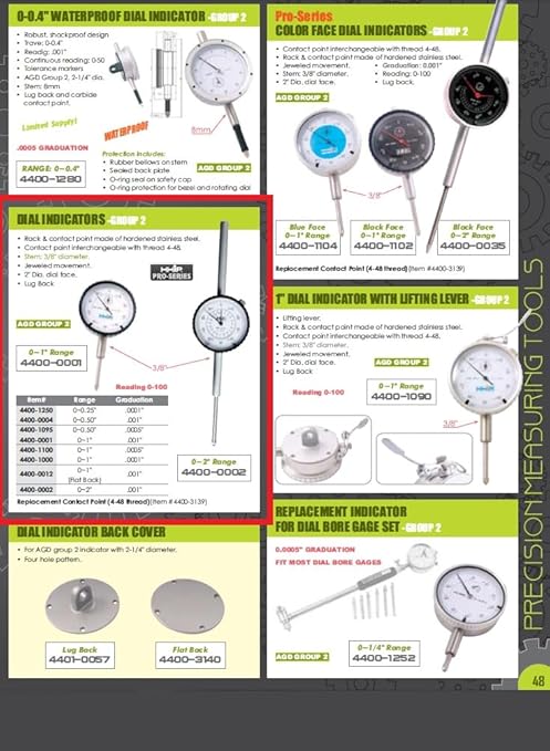 HHIP 4400-1000 Pro Series AGD Group 2 Dial Indicator, .0001" Graduation, 0-100 Reading, 0-1" Range