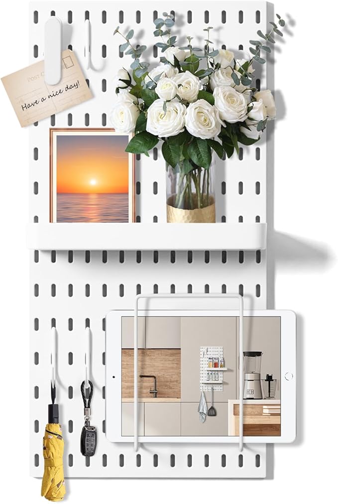 VUSIGN Pegboard Combination Wall Organizer Kit, 2 Pieces Pegboards and 10 Accessories Modular Hanging, Wall Mount Display Peg board Panel Kits for Bedroom, Home, Office, Bathroom, 11" x 22", White