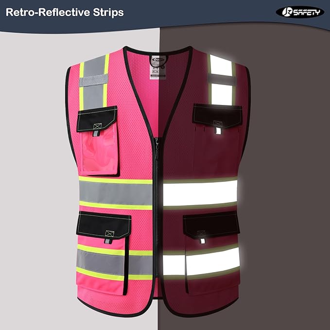 JKSafety Hi Vis Reflective Safety Vests for Men Women High Visibility Vest with Pockets Mesh Fabric Construction Safety Apparel Neon Vest for Work (220-Pink S)