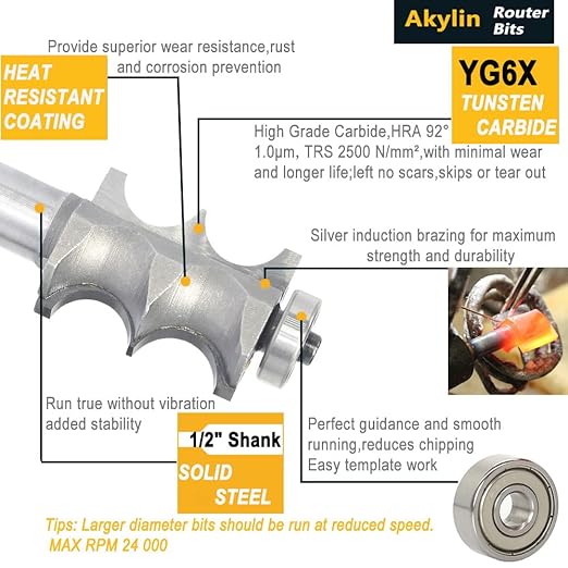 3Pcs Double Beading Router Bits 1/2" Shank,Cutting Height 3/4",7/8",1-3/8" Pair Beads,Dual Bead Columns for Furniture Molding,Perfect Edge Mould Cutter for Shelf with Ball Bearing Guided