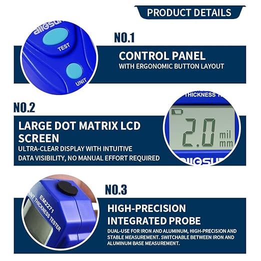 allsun EM2271 Portable Paint Coating Thickness Meter 0-2mm/80mil,Non-Destructive Coating Tester for Iron Steel Aluminum with Auto Shut-off
