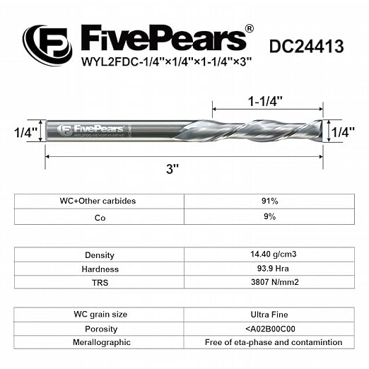 FivePears Down Cut Spiral Router Bit for CNC, 1/4 inch Cutting Diameter and 1-1/4 inch Cutting Length 1/4 inch Shank Carbide End Mill Router Bit for Wood Carving Engraving Grinding Grooving