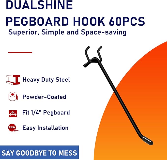 Dualshine 60PCS Black Pegboard Hooks 4 Inch, Peg Board Shelving Hook Metal Pegboard Display Hook Peg Wall Hook for 1/4’’ Spaced Pegboard, 0.2” Diameter Peg Board Peg for Garage Storage Organizer