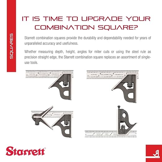 Starrett Steel Combination Square with Square Head - 12" Blade Length, Forged and Hardened Steel Heads, Reversible Lock Bolt, Scriber, 16R Graduation Type - C33H-12-16R