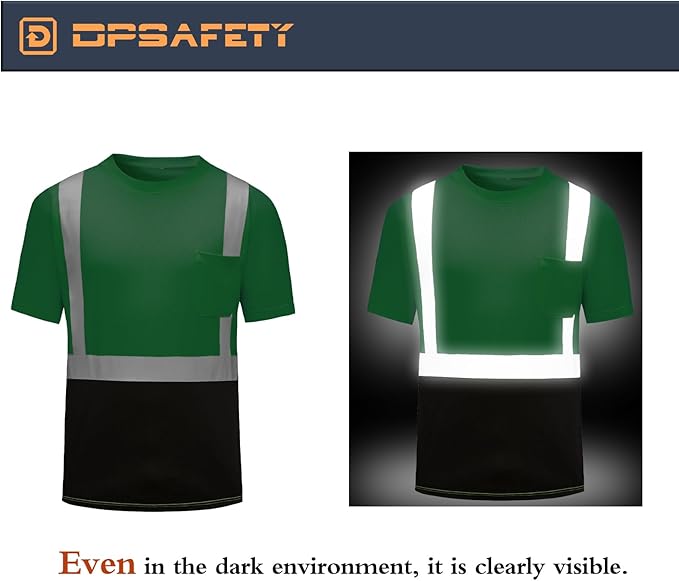 High Visibility Shirts Quick Dry Safety T Shirts with Reflective Strips and Pocket Short Sleeve Mesh Hi Vis Construction Work Class 2 Shirt for Men/Women Black Bottom Green,5XL