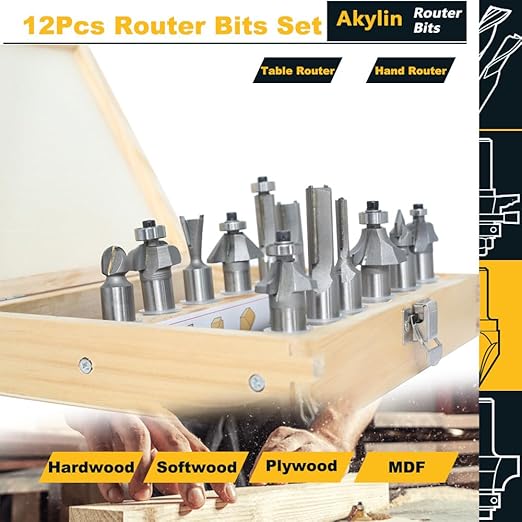 12pcs Router Bit Set,1/2 inch Shank,12 Pieces Carbide Tipped Router Bits/Router Cutters for Woodworking Beginners with Wooden Case