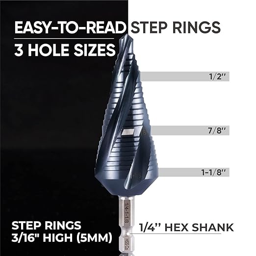 toolant Four Spiral Flute Cobalt Step Drill Bit(Pro), 1/4"-1-1/8" Impact Ready Unibit Step Drill Bit, 1/4" Hex Shank Step Bit for Metal, Stainless Steel, Aluminum, Plastic