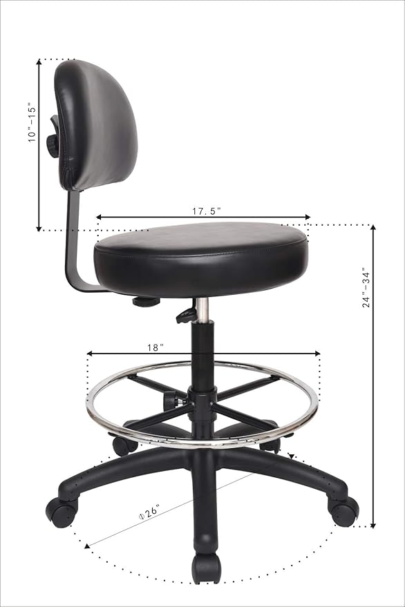 Chair Master Round Vinyl Chair/Stool-Black-for Garage, Counters, Shop, Kitchen, Computer Desks, Drafting Tables. EASY to CLEAN! (Soft Non-Marking Casters, Tall Bench/Drafting 24"-34")
