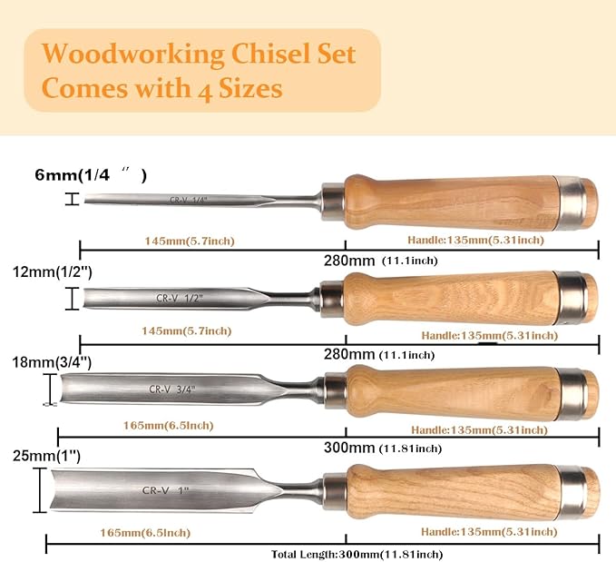 ATOPLEE Wood Chisel Set for Woodworking, 4 pcs Professional Wood Carving Chisel Tool Carpenter Gouge CR-V Steel Semi-Circular Edge Sharp Blade 6mm(1/4")/12mm(1/2")/18mm(3/4")/25mm(1")