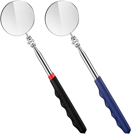 2 Pcs Telescoping Inspection Mirror,29 Inch Mechanics Mirror Tool with Long Handle, Round Extendable on a Stick for Technician Mechanics Contractor Checking(Black,Blue,50mm Round)