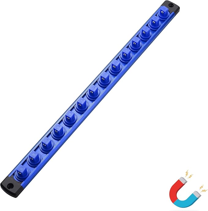 ALOANES Magnetic Socket Organizer, 3/8-Inch Drive Aluminum Socket Holder Socket Tray, Heavy Duty Socket Rail Organizer for Tool Box Drawer, 360°Swivel Clips Socket Rack 3/8-Inch x 14 Clips (Blue)