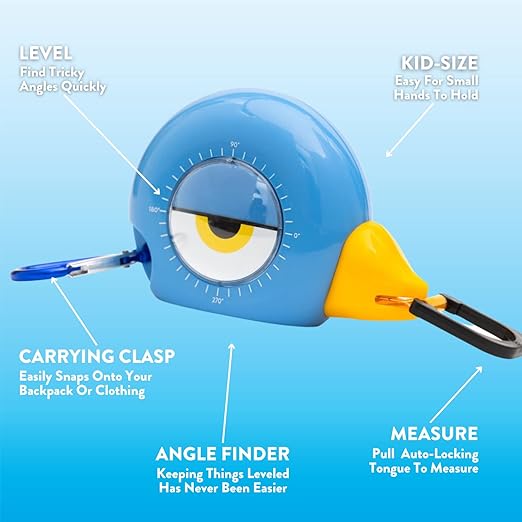 Handy Famm 8Ft Animal Shaped Kids Tape Measurer, Fun Level and Protractor Angle Finder, Educational Children's Tools, Small Measuring Tapes for Learning Early Math Skills, Ages 3 and up, Blue Bird