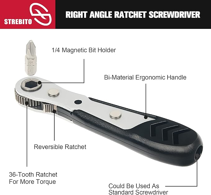 STREBITO Mini Ratchet Set 12-Piece 1/4 Right Angle Screwdriver Set - Small Ratcheting Wrench 90 Degree Offset High Torque Low Profile for Tight Spaces