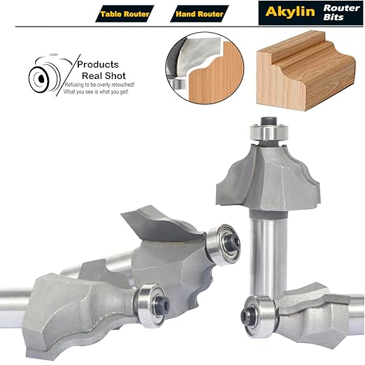 4Pcs Wavy Edge Molding Router Bits,1/2" Shank,3/4",7/8",1-1/8",1-1/4" Cutting Height for Wood Table Edging,Picture Frames Profiling,Furniture Moulds Projects with Bearing Guided