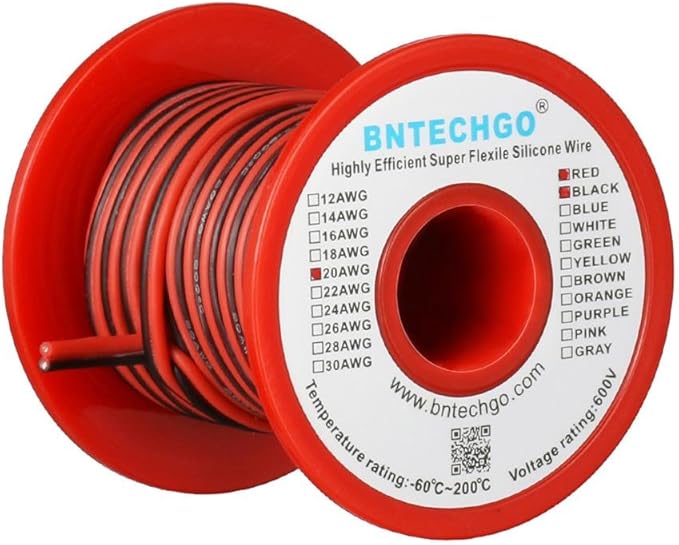 BNTECHGO 20 Gauge Flexible 2 Conductor Parallel Silicone Wire Spool Red Black High Resistant 200 deg C 600V for Single Color LED Strip Extension Cable Cord,Model,25ft Stranded Tinned Copper Wire