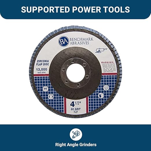 Benchmark Abrasives 4.5" Premium Zirconia Type 27 Flap Discs Grinding Wheels for Sanding Stock Rust Removal Finishing Grinding Deburring Stainless Steel, 7/8" Arbor (10 Pack) - 80 Grit