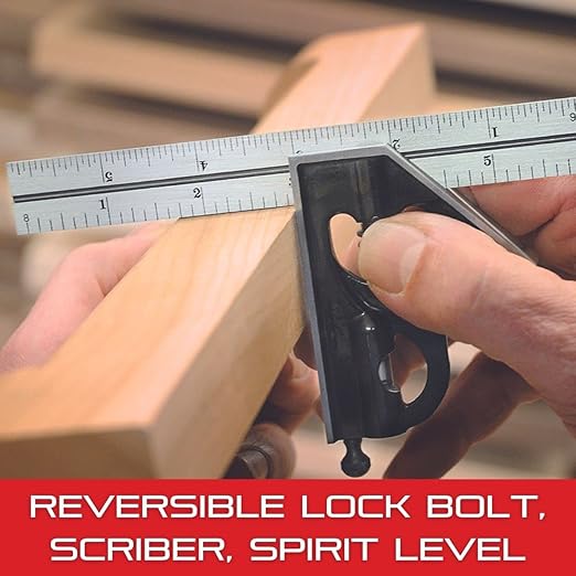 Starrett Steel Combination Square with Square Head and Center Head - 12" Blade Length, Hardened Steel, Reversible Lock Bolt, Scriber, Spirit Level, 4R Graduation Type -11HC-12-4R