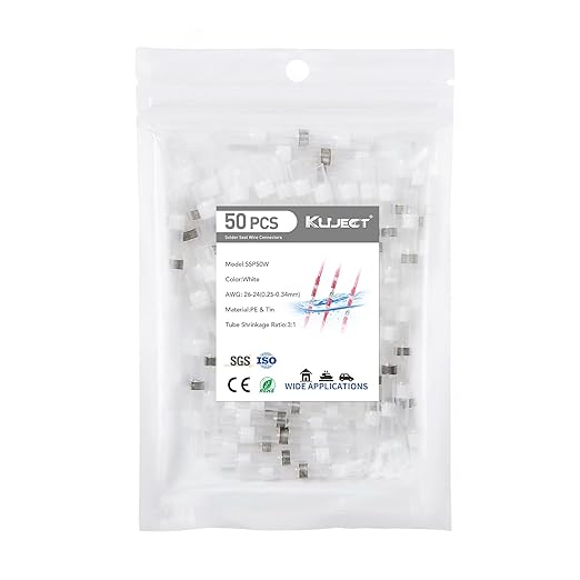 Kuject 50PCS Solder Seal Wire Connectors AWG 26-24, White Solder Seal Heat Shrink Butt Connectors Terminals Solder Sleeve Waterproof Wire Splice Connector for Marine Boat Wire Joint