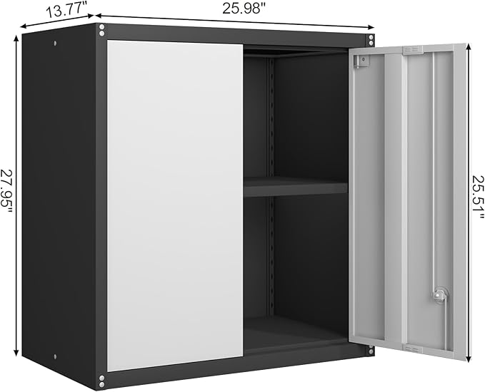 GREATMEET 27.95" H Lockable Storage Cabinet, Metal Garage Storage Cabinets, Wall Storage Cabinet for Utility Room, Black&Grey
