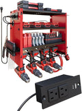 4 Layers Power Tool Organizer Wall Mount with Power Strip, Heavy Duty Metal Shelf, 400lbs Capacity for Cordless Drills, Batteries & Garage Storage (4 Slots with 2 Outlets Power Strip)
