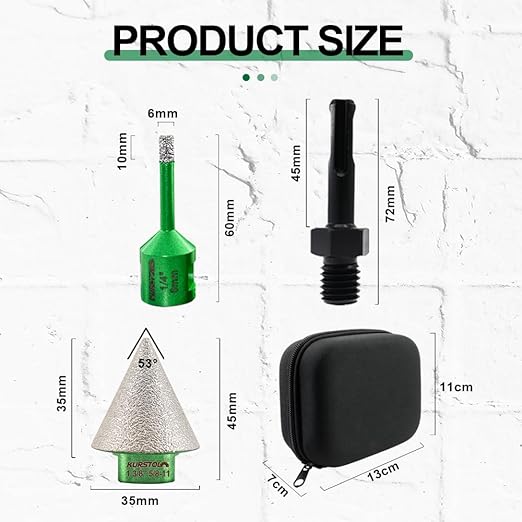 Tile Hole Saw Kit - 1/4" Diamond Core Drill Bits+1-3/8" Beveling Chamfer Bit+SDS Adapter to 5/8-11" Thread for Porcelain Ceramic Tile Granite Marble Angle Grinder