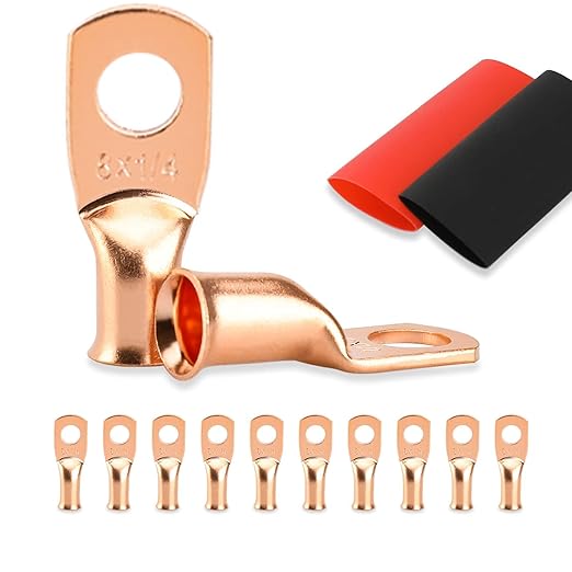 10PCS Battery Cable Ends, 8 Gauge Wire Connectors 1/4 Copper Wire Lugs, Bare Copper Eyelets with Heat Shrink Tubing by HOUSUN