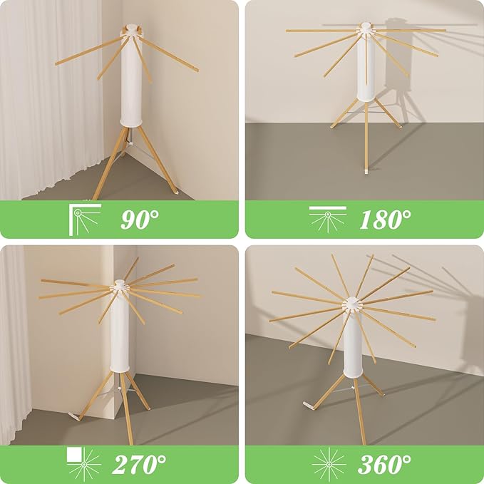 Tripod Drying Rack Portable, Foldable Drying Rack Clothing with 12 Wood Drying Arms, Standing Laundry Hanger Rack Round Collapsible & Portable Handle for Laundry Room, Balcony, Bedroom, RV