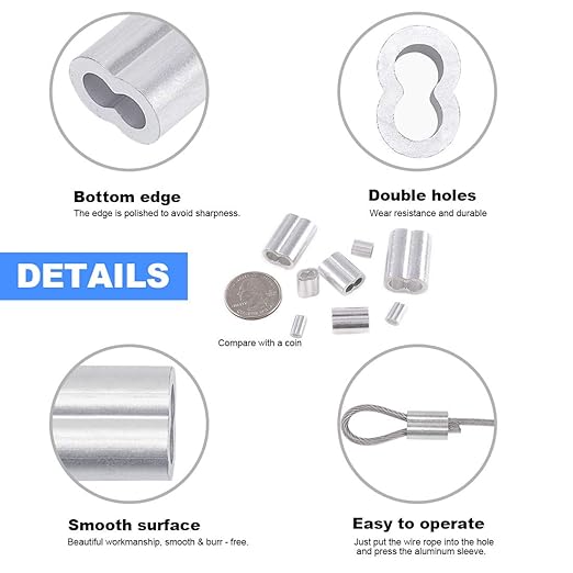 Glarks 315-Pieces 8 Sizes Aluminum Crimping Loop Sleeve Double Barrel Ferrule for Wire Rope and Cable Line End Assortment Kit - M1.2-M6
