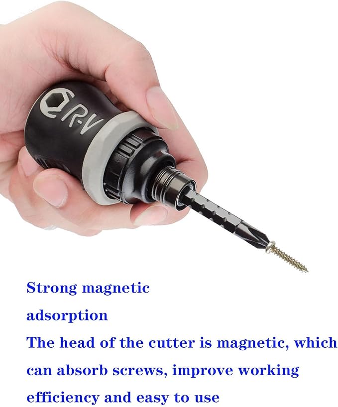 Buspoll Ratcheting Stubby Screwdriver - Adjustable Length, Reversible Dual End, Magnetic Tip - Compact, Portable, Pocket Size.