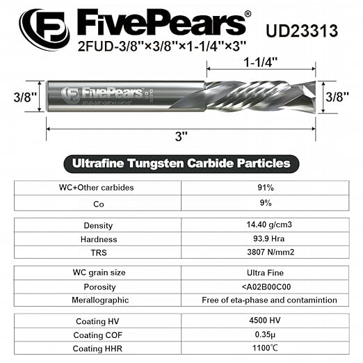 FivePears Up&Down Cut Compression Spiral Router Bit for CNC, 3/8" Cutting Diameter, 1-1/4" Cutting Length, 3/8 inch Shank, Carbide End Mill Router Bit for Wood Carving Engraving Grinding Grooving