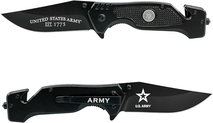 US Army Folding Elite Black Stealth Tactical Knife - Spring Assisted US Army Rescue Knife - Great Gift for the Soldier in your Life - Army Knife Black