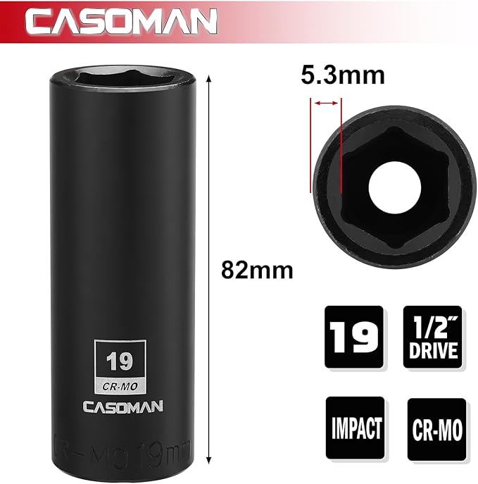 CASOMAN 1/2-Inch Drive x 19mm Deep Impact Socket, 6-Point, Metric, CR-MO