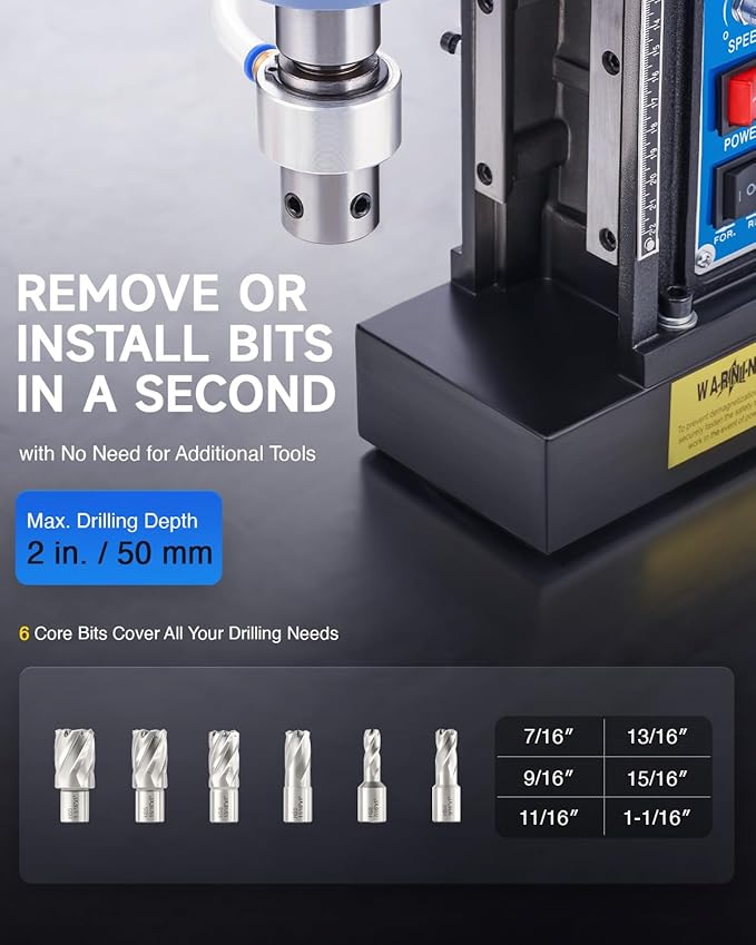 ZELCAN Magnetic Drill Press with 6 Drill Bits, 1550W Mag Drill Press with 2" Dia. 3125 lbf/13900N Mag Force, 650 rpm Power Magnetic Drill with Stepless Speed & Reversible Direction for Metal Surface