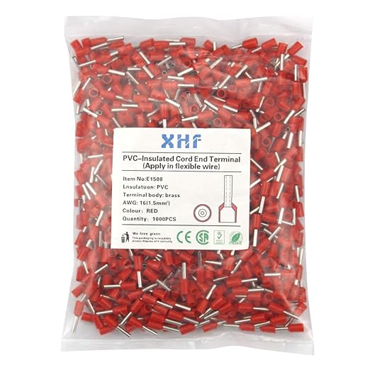 XHF 1000 PCS AWG 16/1.5mm² Wire Ferrules Insulated Copper Crimp Connectors, Crimp Pin Cord End Terminals Red