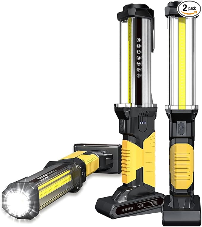 WARSUN 2PC Rechargeable 1500LM COB LED Work Light - Magnetic Hands-Free Trouble Light with Hook, IPX4 Waterproof for Garage Repair, Emergency | Tool Gifts for Men (Yellow)