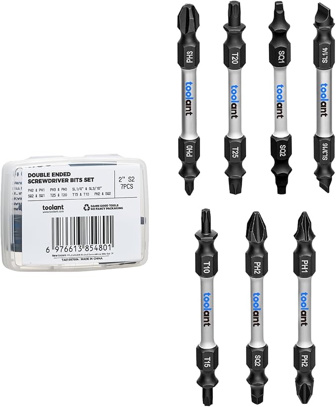 toolant 2 Inch Double-Ended Screwdriver Power Bit, 7 Pcs Impact Bit Set With Magnetic(PH2 & PH1 ; PH3 & PH0 ; SL1/4" & SL3/16"; SQ2 & SQ1;T25 & T20; T15 & T10; PH2 & SQ2),1/4 Hex Shank With Case