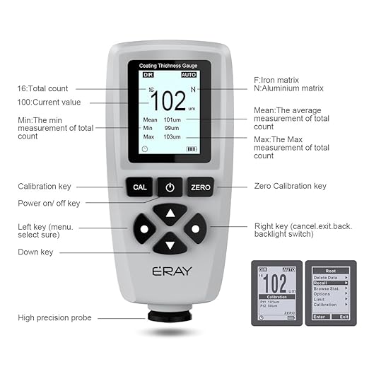 ERAY Mil Thickness Gauge, Coating Thickness Gauges, Paint Depth Gauge Meter with Backlight LCD Display for Car Automotive, Limit Alarm/Data Storage/Export Data/PC Software Analysis (Grey)