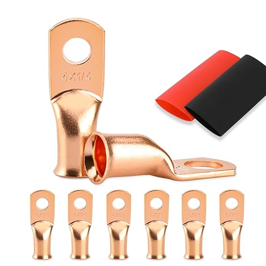 Battery Cable Ends, 8PCS 4 Gauge Wire Connectors 1/4 Copper Wire Lugs, Bare Copper Eyelets with Heat Shrink Tubing