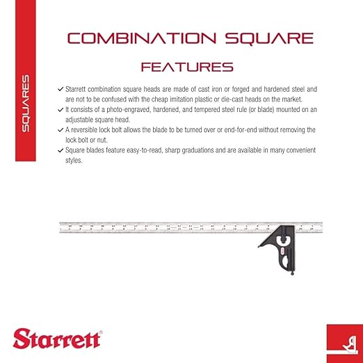 Starrett Steel Combination Square with Square Head - 24" Blade Length, Forged and Hardened Steel Heads, Reversible Lock Bolt, Scriber, Spirit Level, 4R Graduation Type - C33H-24-4R