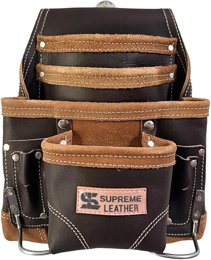 Supreme Leather Tool Pouch for Construction Carpenter Tool Bag Electrician's Pouch | 10 Pockets 2 Stainless Steel Hammer Holders Top Grain Leather Bag