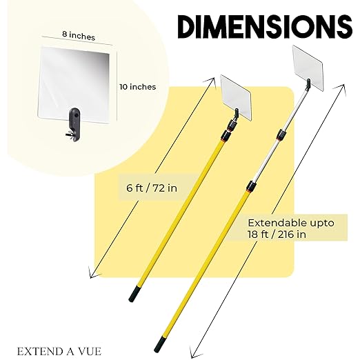 Inspection Mirror - Telescoping Heavy Duty, Lightweight & Durable, 6 ft - 18 ft Pole, 8 x 10 inch Acrylic Mirror