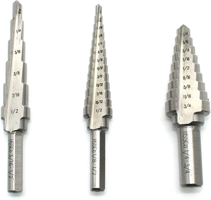 TEMO 3 pc M35 Cobalt Two Flute Step Drill Total 28 Step: 3/16 Inch - 1/2 Inch 6 Step, 1/4 Inch -3/4 Inch 9 Step, 1/8 Inch -1/2 Inch 13 Step