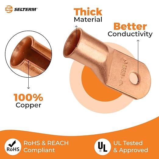 SELTERM 10pcs 4/0 AWG (XL) - 5/16" Stud - Battery Lugs, Heavy Duty Wire Lugs, Ring Terminals, Battery Cable Ends,0000 Gauge Terminals, UL Bare Copper Eyelets Electrical Battery Terminal Connectors