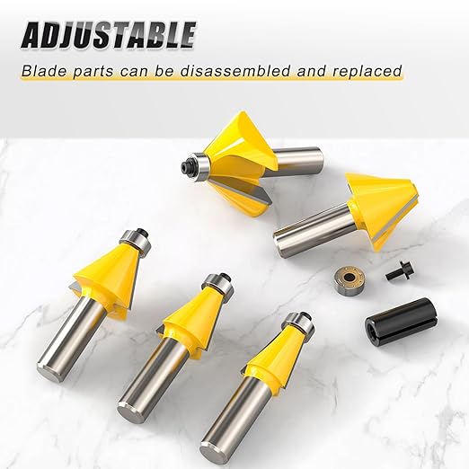 5PCS Chamfer Router Bit Set 1/2 Inch Shank Dish Carving Router Bits with Top Bearing for Woodworking, 11.25, 15, 22.5, 30, 45 Degree